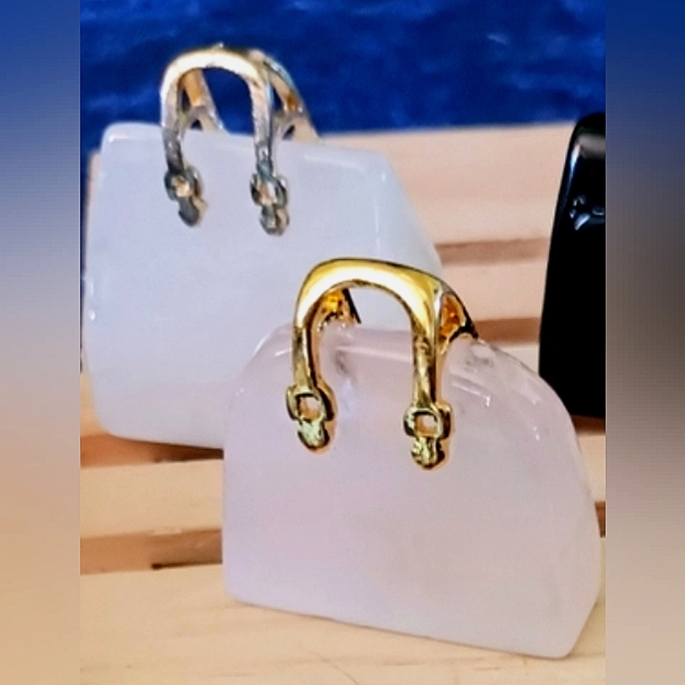 👜 Gemstone Handbag 👜 Rose & Clear Quartz 🌹 gold alloy 💛 purse Charm Pendant
